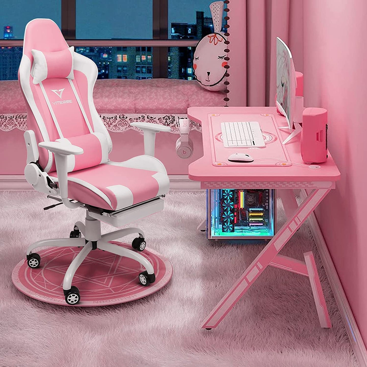 Chic Pink Gaming Chair with Footrest - Ergonomic Kawaii Design for Girl Gamers - Adjustable High Back Office Chair with Lumbar Support and Headrest
