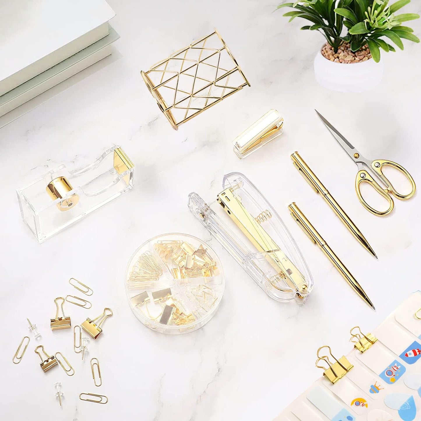 Elegant Gold Desk Accessories Set - Complete Office Supplies with Stapler, Tape Holder, Scissors, Pens & More!