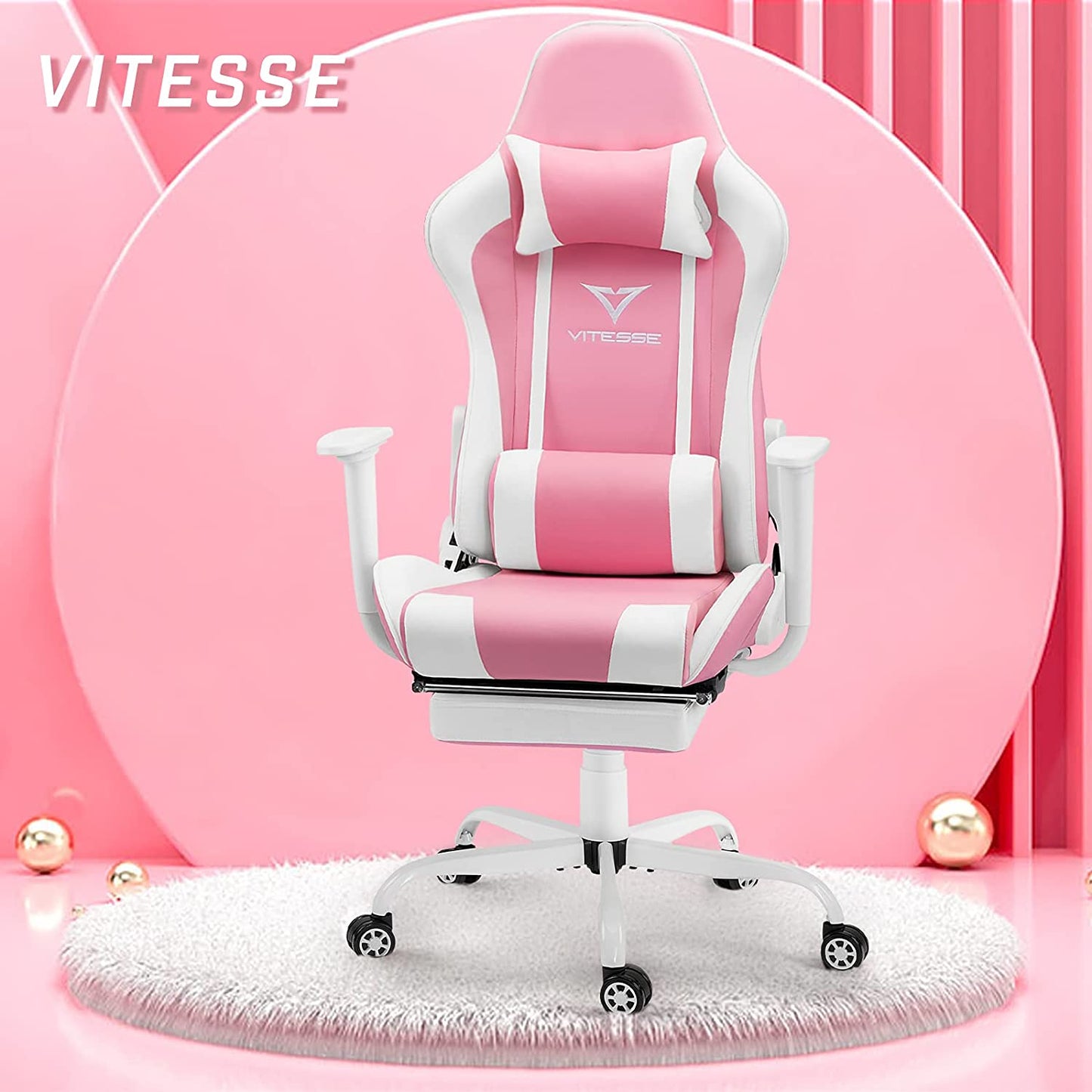 Chic Pink Gaming Chair with Footrest - Ergonomic Kawaii Design for Girl Gamers - Adjustable High Back Office Chair with Lumbar Support and Headrest