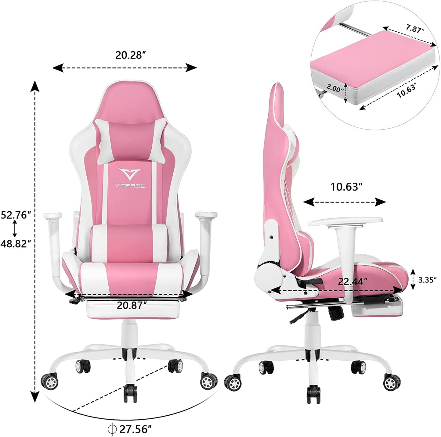 Chic Pink Gaming Chair with Footrest - Ergonomic Kawaii Design for Girl Gamers - Adjustable High Back Office Chair with Lumbar Support and Headrest