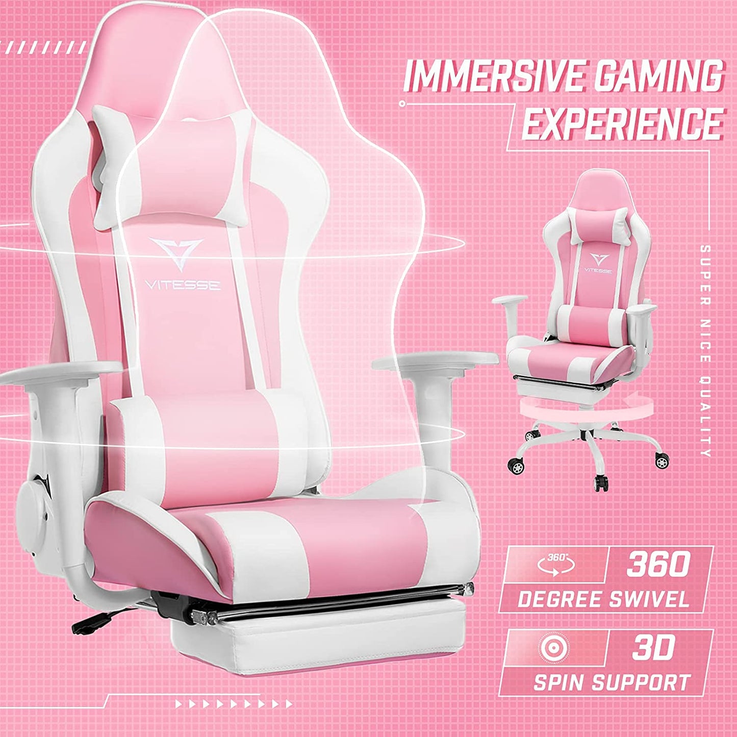 Chic Pink Gaming Chair with Footrest - Ergonomic Kawaii Design for Girl Gamers - Adjustable High Back Office Chair with Lumbar Support and Headrest