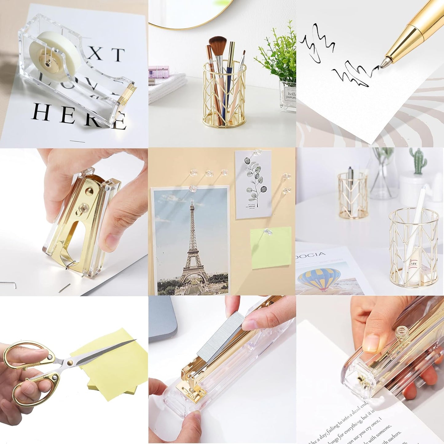 Elegant Gold Desk Accessories Set - Complete Office Supplies with Stapler, Tape Holder, Scissors, Pens & More!