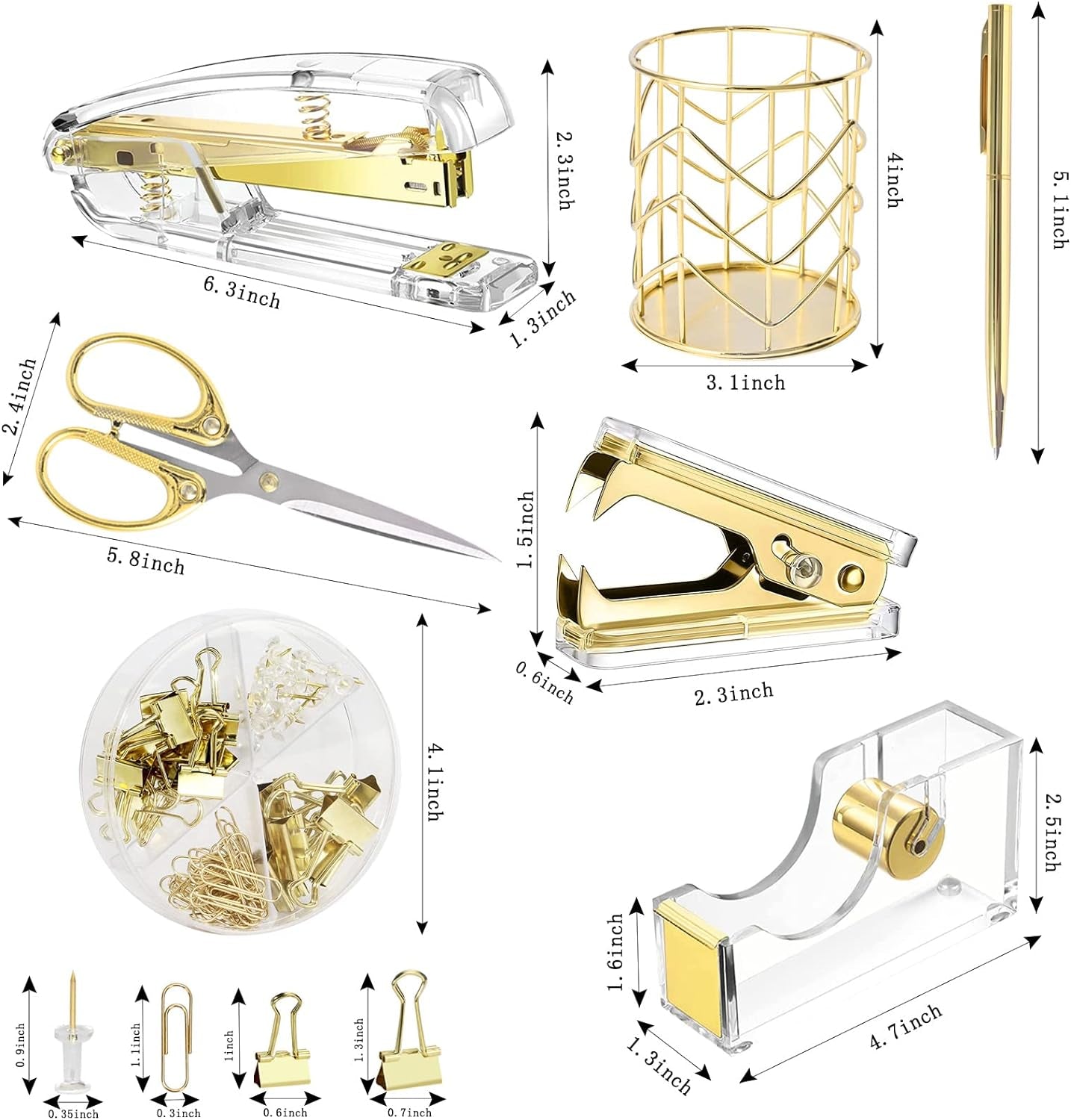 Elegant Gold Desk Accessories Set - Complete Office Supplies with Stapler, Tape Holder, Scissors, Pens & More!