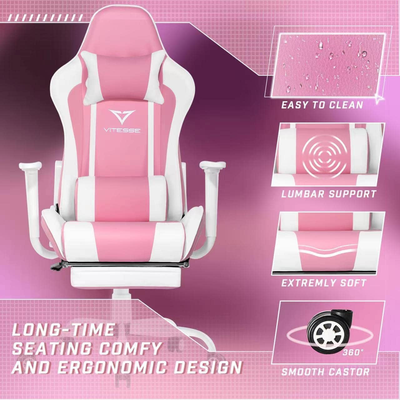 Chic Pink Gaming Chair with Footrest - Ergonomic Kawaii Design for Girl Gamers - Adjustable High Back Office Chair with Lumbar Support and Headrest