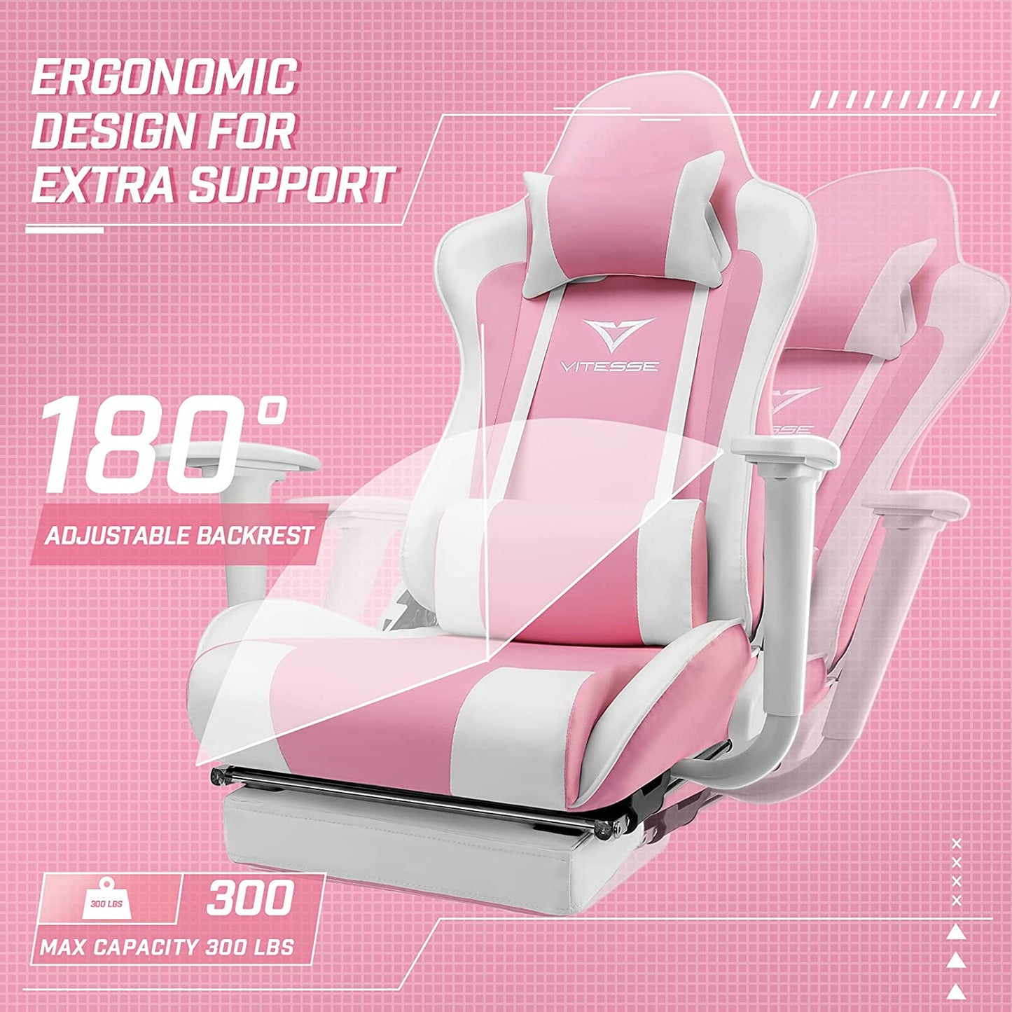 Chic Pink Gaming Chair with Footrest - Ergonomic Kawaii Design for Girl Gamers - Adjustable High Back Office Chair with Lumbar Support and Headrest