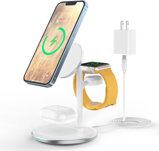 Ultimate 3 in 1 Wireless Charging Station for Apple Devices - 15W Fast MagSafe Charger with 20W Adapter for iPhone 17, 16, 15, 14, 13, 12 Pro Max/Air/Plus/Pro/Mini, iWatch & AirPods - Sleek White Design