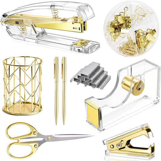Elegant Gold Desk Accessories Set - Complete Office Supplies with Stapler, Tape Holder, Scissors, Pens & More!