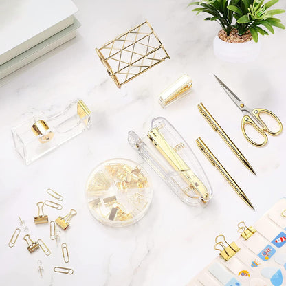 Elegant Gold Desk Accessories Set - Complete Office Supplies with Stapler, Tape Holder, Scissors, Pens & More!