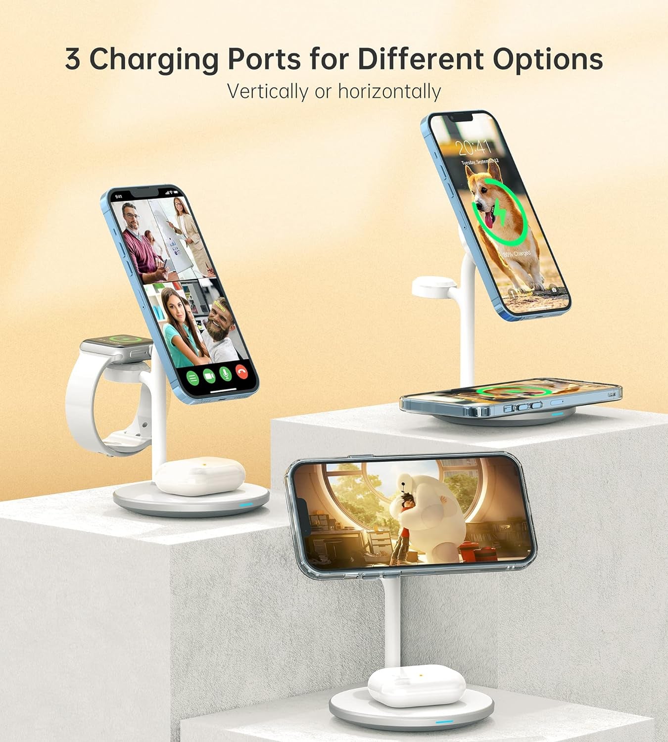 Ultimate 3 in 1 Wireless Charging Station for Apple Devices - 15W Fast MagSafe Charger with 20W Adapter for iPhone 17, 16, 15, 14, 13, 12 Pro Max/Air/Plus/Pro/Mini, iWatch & AirPods - Sleek White Design
