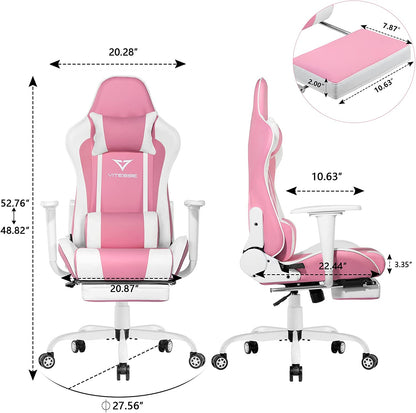 Chic Pink Gaming Chair with Footrest - Ergonomic Kawaii Design for Girl Gamers - Adjustable High Back Office Chair with Lumbar Support and Headrest