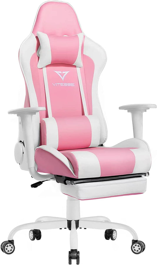 Chic Pink Gaming Chair with Footrest - Ergonomic Kawaii Design for Girl Gamers - Adjustable High Back Office Chair with Lumbar Support and Headrest