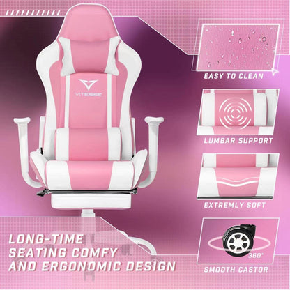 Chic Pink Gaming Chair with Footrest - Ergonomic Kawaii Design for Girl Gamers - Adjustable High Back Office Chair with Lumbar Support and Headrest