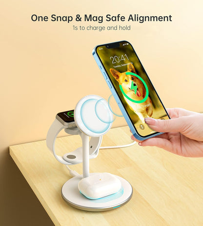 Ultimate 3 in 1 Wireless Charging Station for Apple Devices - 15W Fast MagSafe Charger with 20W Adapter for iPhone 17, 16, 15, 14, 13, 12 Pro Max/Air/Plus/Pro/Mini, iWatch & AirPods - Sleek White Design
